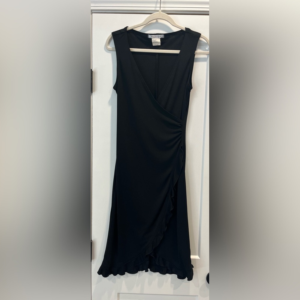 La Belle Black Asymmetrical Dress with Wrap Design V Neck and Ruffle Hem